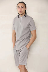 Slim Fit Waffle Bomber Neck Polo & Short Set - TAUPE Cicay